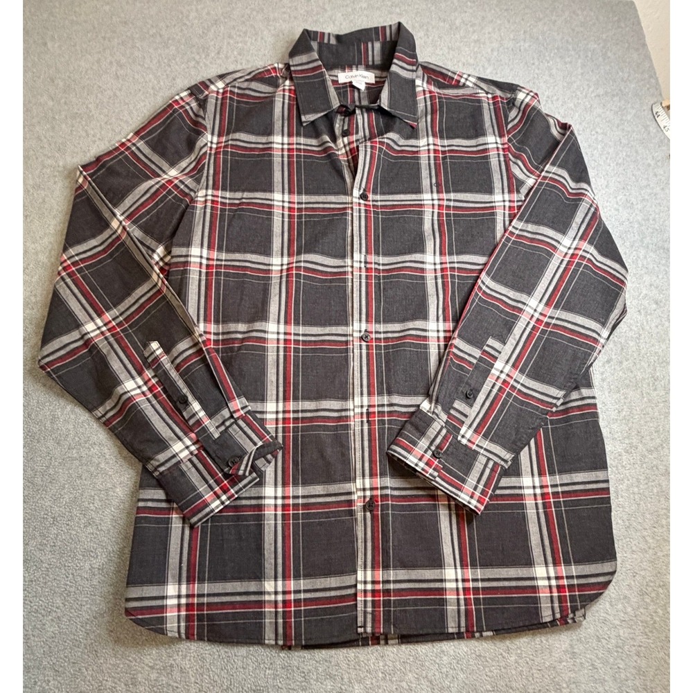 Calvin Klein Mens Large Plaid Button Down Shirt Grey Red Long Sleeve L/G
